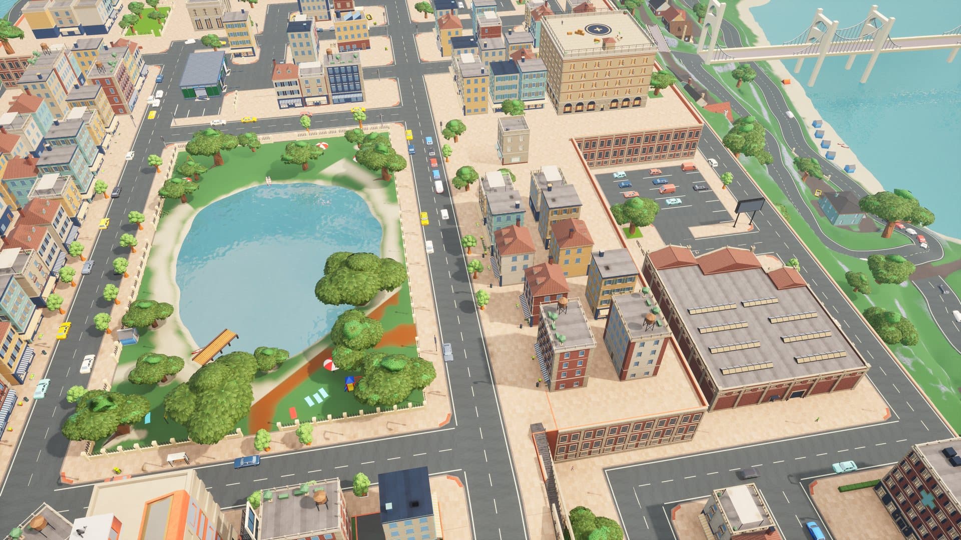 The city of Biztopia from above on a sunny day, with a park and a lake