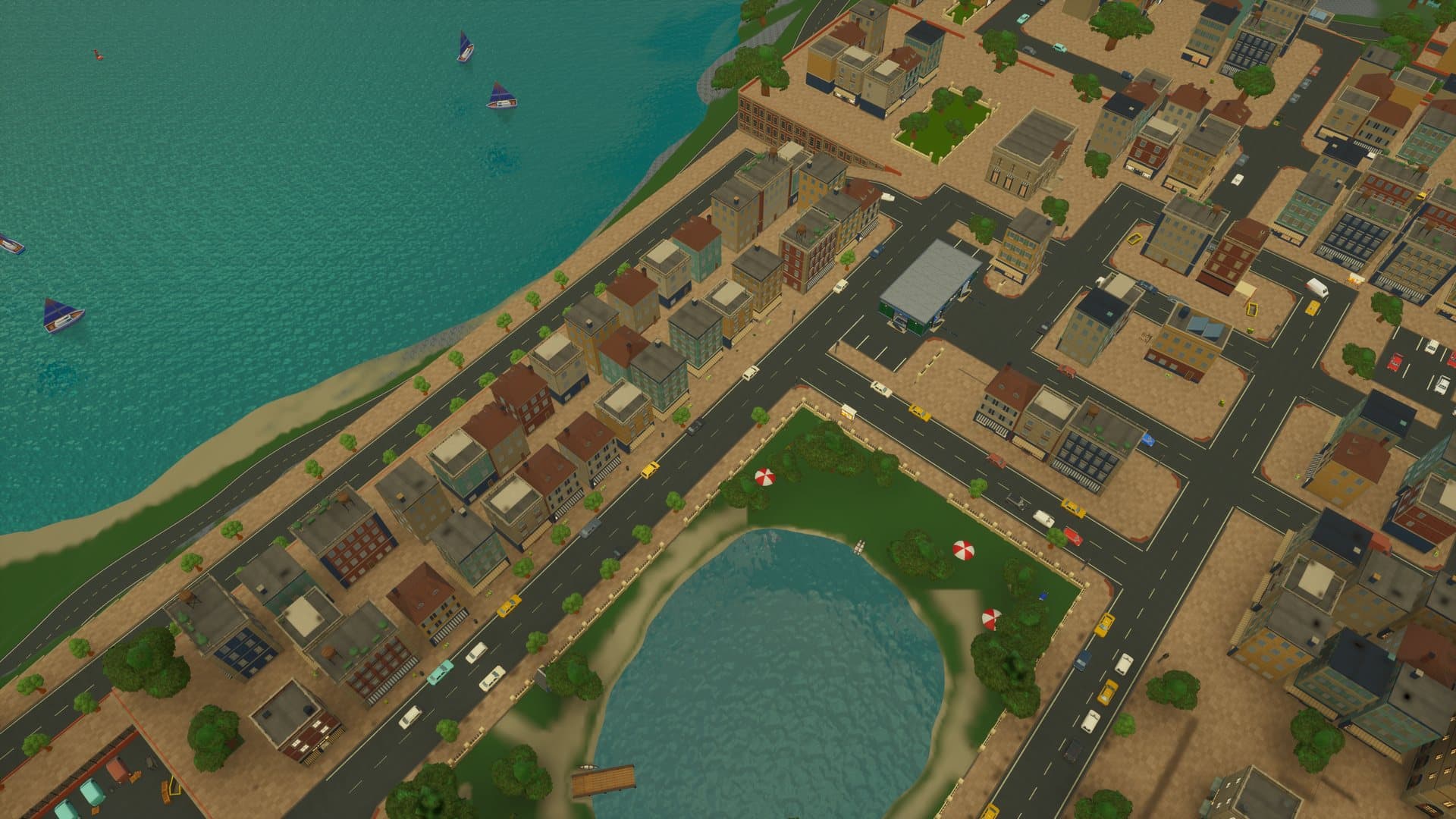 The coastline of the city at dusk
