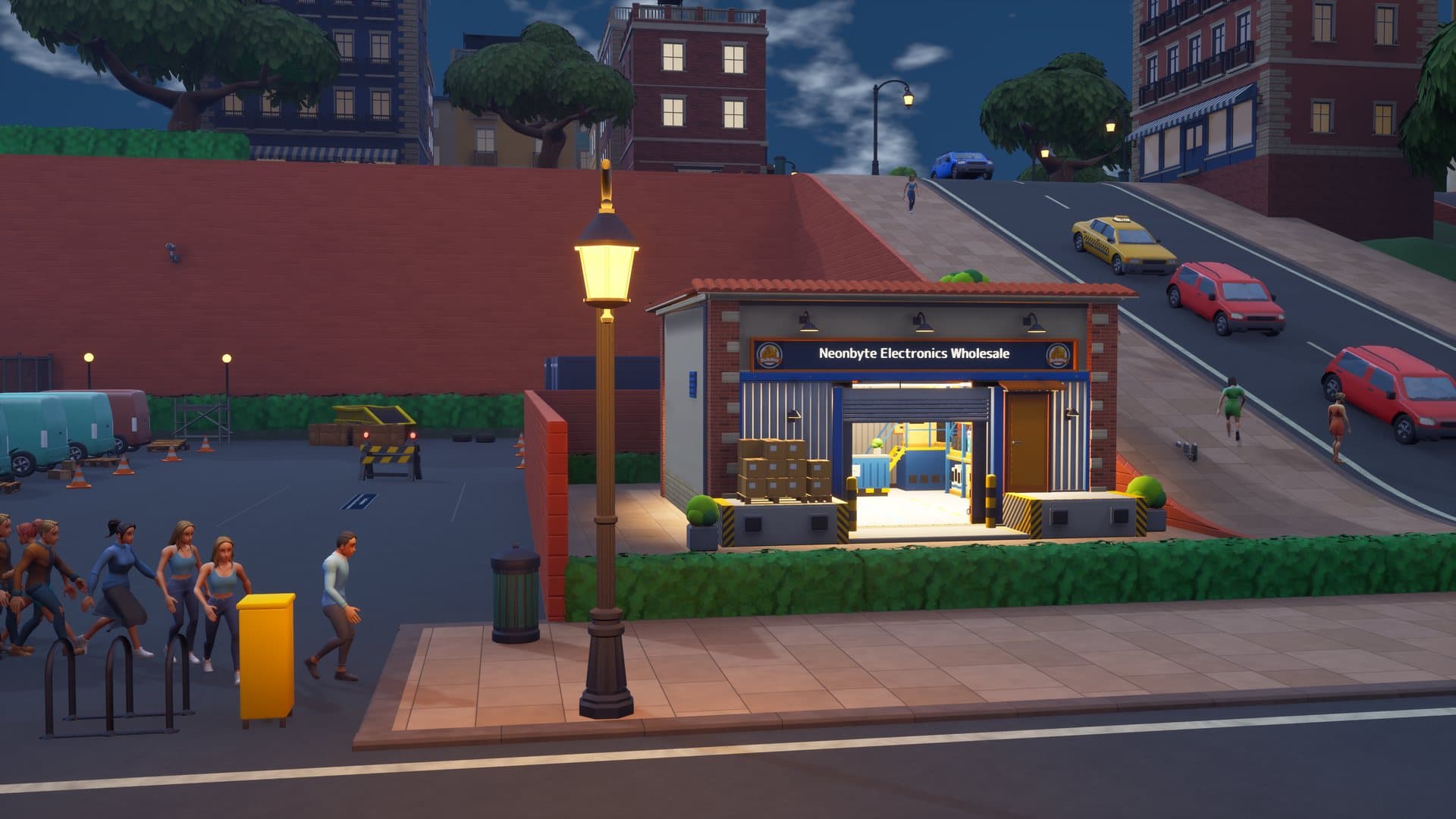 A shop lit up at night with people walking by