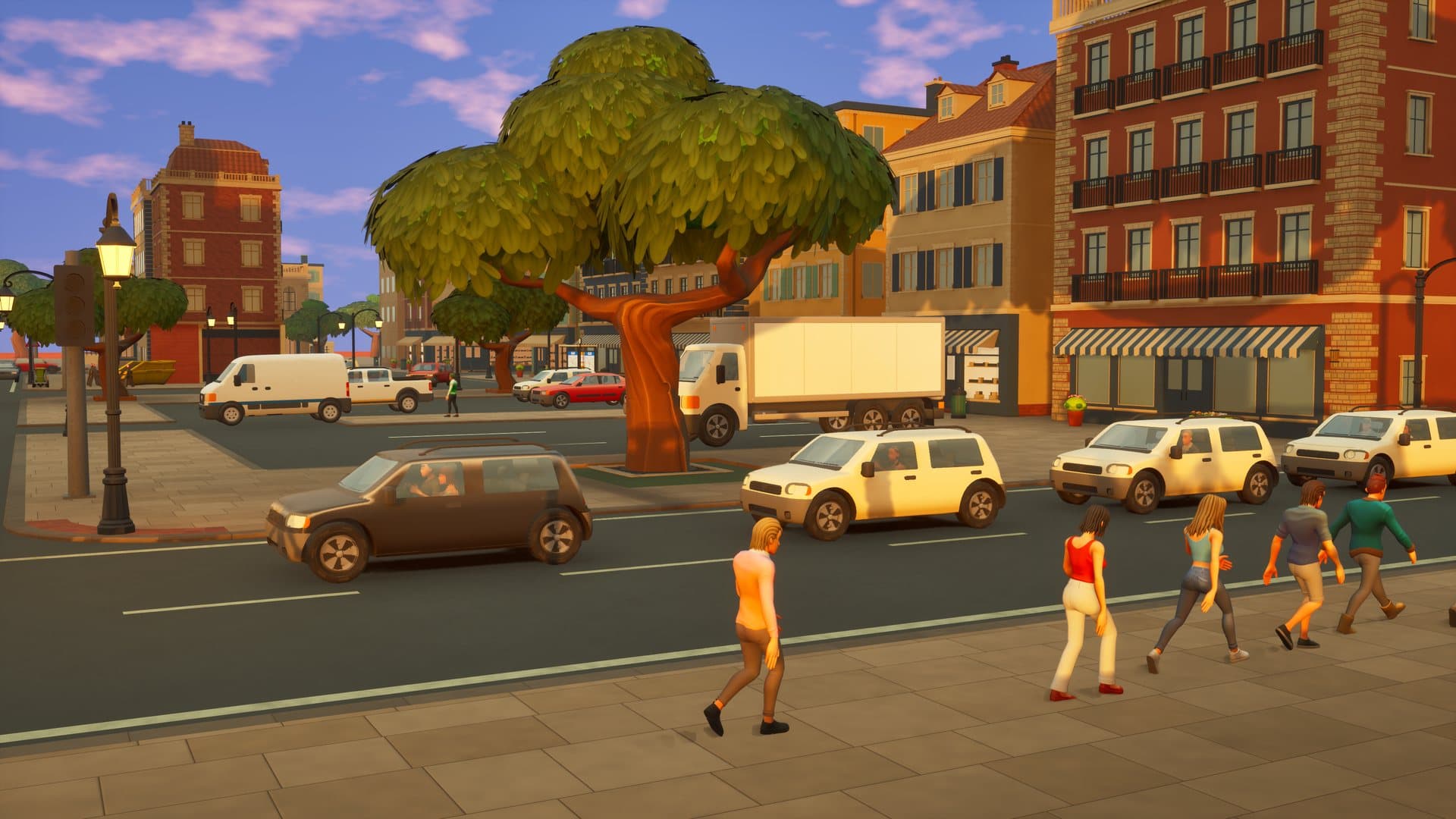 A busy street with shoppers and parked cars